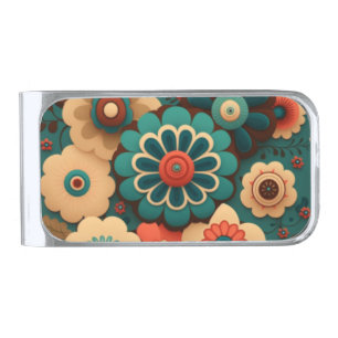 Colorful retro vintage flowers silver finish money clip