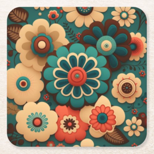 Colorful retro vintage flowers square paper coaster