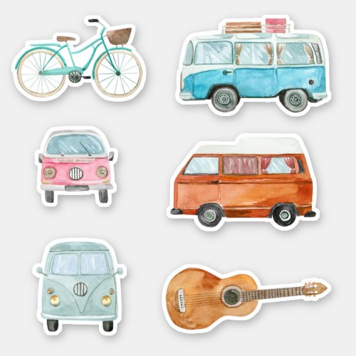 Colorful Retro Watercolor Van Bicycle Guitar Sticker