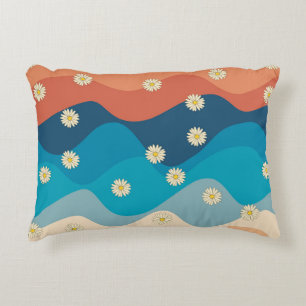 Colorful Retro Waves & Daisies Pattern Accent Pillow