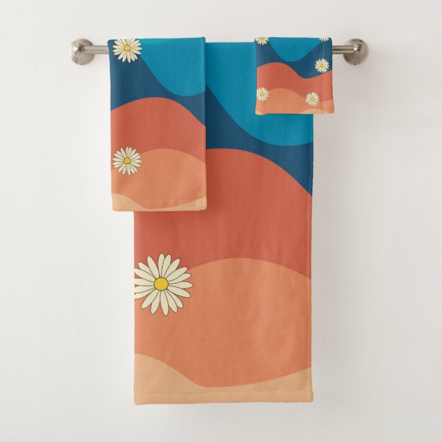 Colorful Retro Waves & Daisies Pattern  Bath Towel Set (Insitu)
