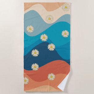Colorful Retro Waves & Daisies Pattern Beach Towel