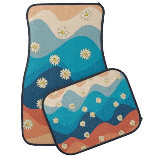 Colorful Retro Waves  Daisies Pattern Car Floor Mat