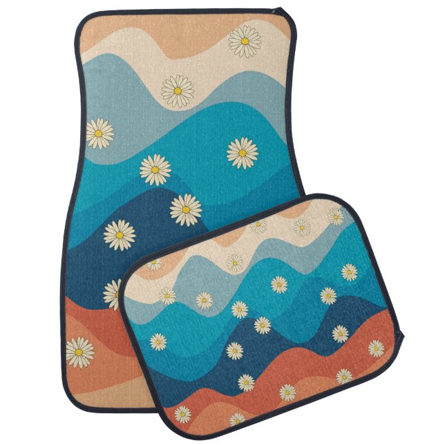 Colorful Retro Waves & Daisies Pattern Car Floor Mat (Set)