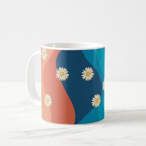 Colorful Retro Waves  Daisies Pattern  Coffee Mug