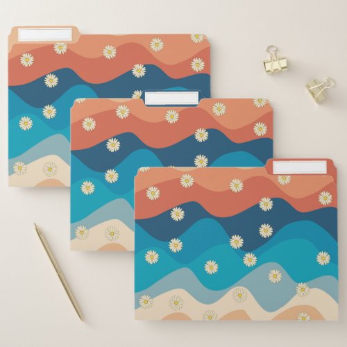 Colorful Retro Waves  Daisies Pattern   File Folder
