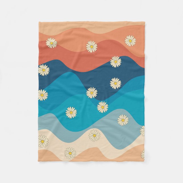 Colorful Retro Waves & Daisies Pattern  Fleece Blanket (Front)