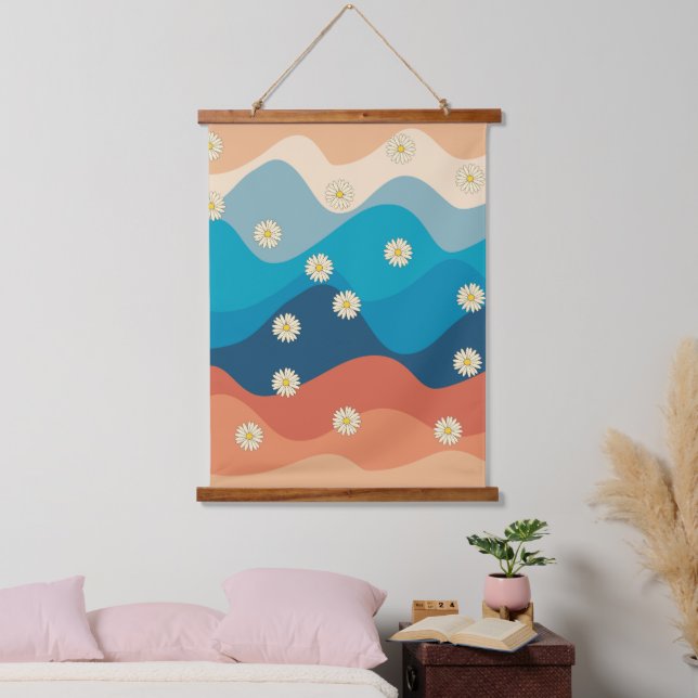 Colorful Retro Waves & Daisies Pattern  Hanging Tapestry (Bedroom)