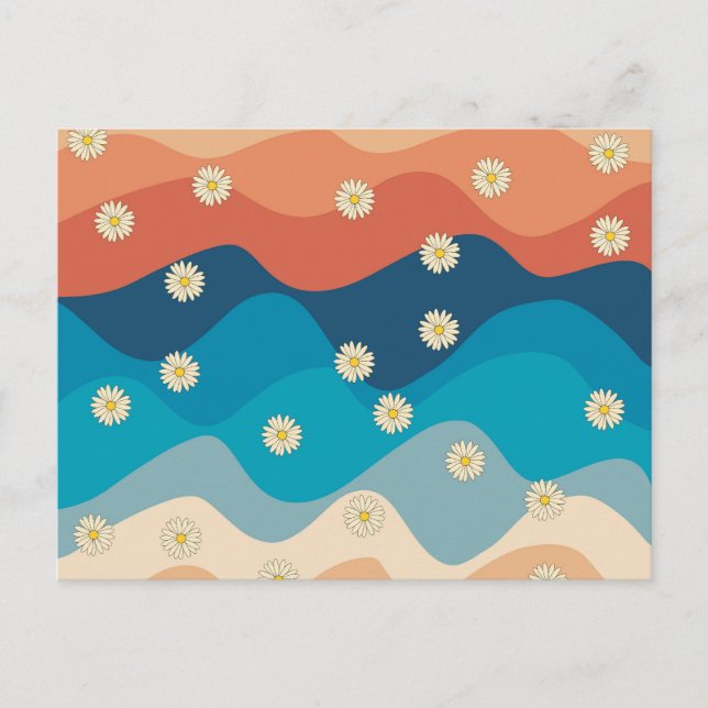 Colorful Retro Waves & Daisies Pattern Holiday Postcard (Front)