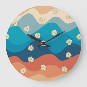 Colorful Retro Waves & Daisies Pattern  Large Clock