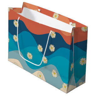 Colorful Retro Waves & Daisies Pattern Large Gift Bag