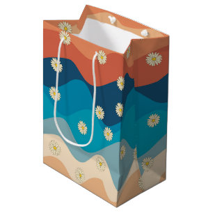 Colorful Retro Waves & Daisies Pattern Medium Gift Bag
