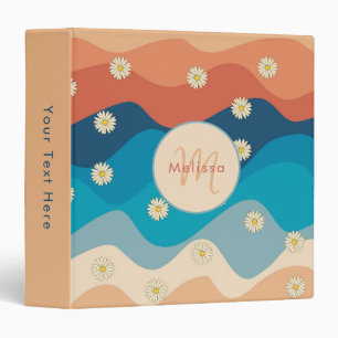 Colorful Retro Waves & Daisies Pattern Monogram 3 Ring Binder