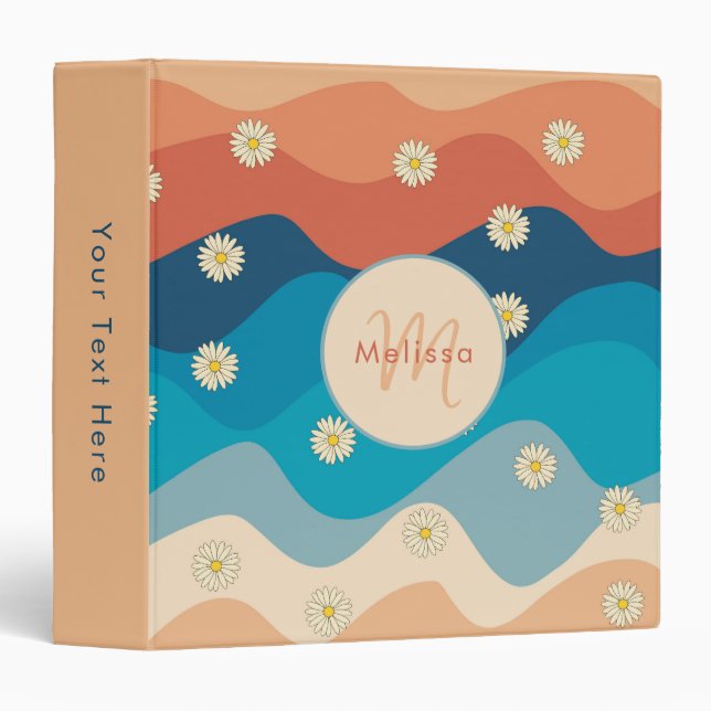 Colorful Retro Waves & Daisies Pattern Monogram  3 Ring Binder (Front/Spine)