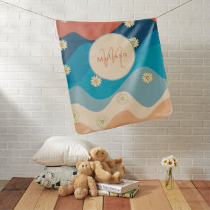 Colorful Retro Waves & Daisies Pattern Monogram Baby Blanket