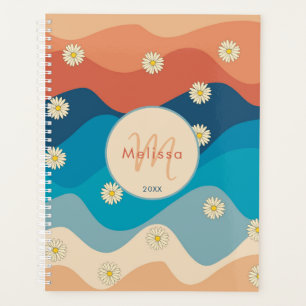 Colorful Retro Waves & Daisies Pattern Monogram Planner