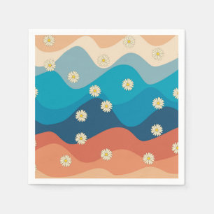 Colorful Retro Waves & Daisies Pattern Napkins