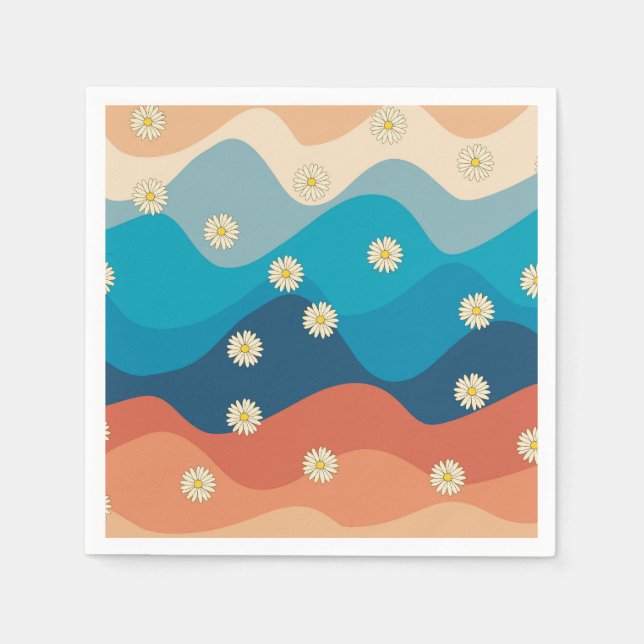 Colorful Retro Waves & Daisies Pattern Napkins (Front)