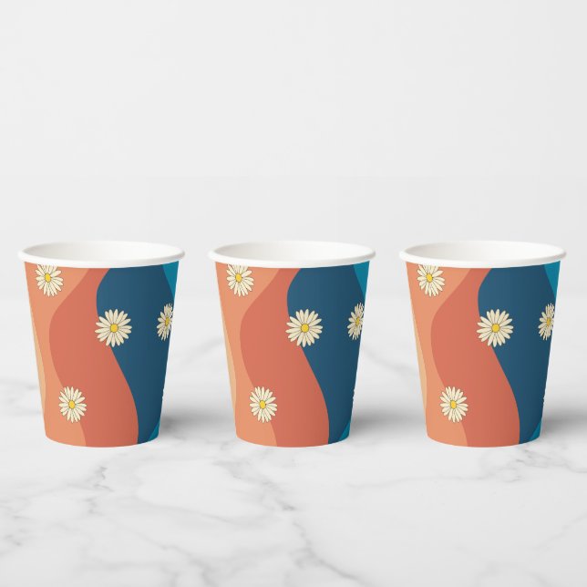 Colorful Retro Waves & Daisies Pattern Paper Cups (Multi)