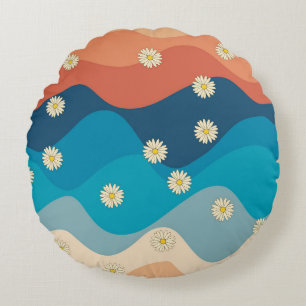 Colorful Retro Waves & Daisies Pattern Round Pillow