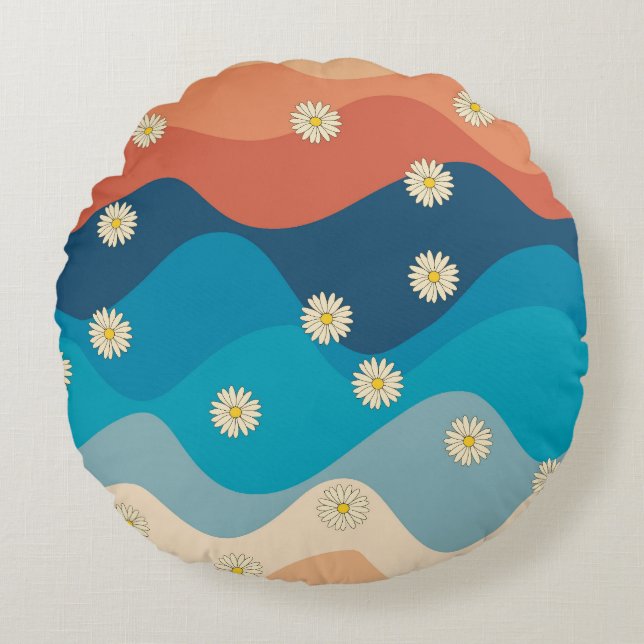 Colorful Retro Waves & Daisies Pattern Round Pillow (Front)