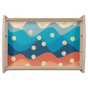 Colorful Retro Waves & Daisies Pattern Serving Tray
