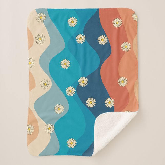 Colorful Retro Waves & Daisies Pattern   Sherpa Blanket (Front)