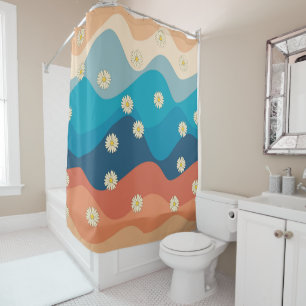 Colorful Retro Waves & Daisies Pattern Shower Curtain