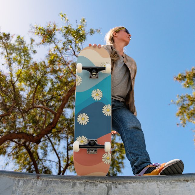 Colorful Retro Waves & Daisies Pattern Skateboard (Outdoor 1)