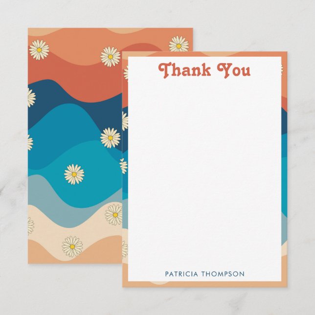 Colorful Retro Waves & Daisies Pattern  Thank You Card (Front/Back)