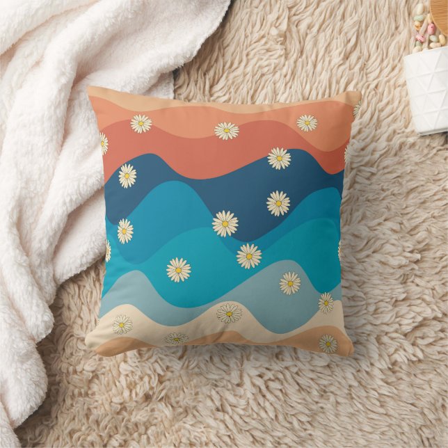 Colorful Retro Waves & Daisies Pattern Throw Pillow (Blanket)
