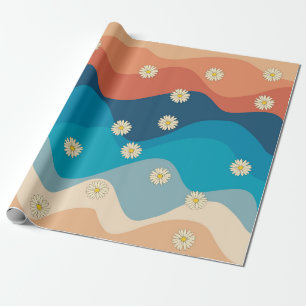 Colorful Retro Waves & Daisies Pattern Wrapping Paper