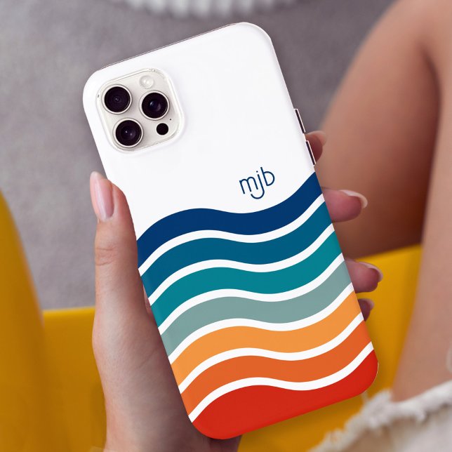Colorful Retro Wavy Stripes Pattern with Monogram Iphone Case (Personalize this bright cheerful retro stripes iPhone case with your monogram initials.)