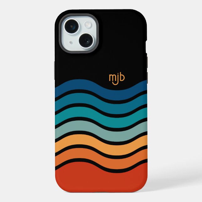 Colorful Retro Wavy Stripes Pattern with Monogram Iphone Case (Back)