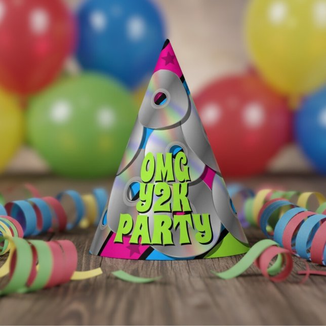 Colorful Retro Y2K Music CDs Pop Art Party Hat (Fun and colorful paper hat for your Y2K throwback party)