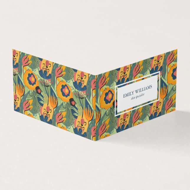 Colorful, rich earth tones, exotic flowers pattern business card (Outside)