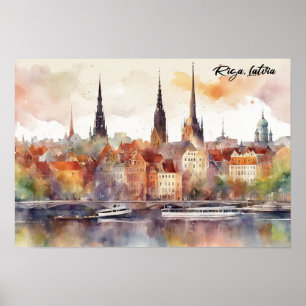 Colorful Riga Latvia Baltic Watercolor Poster