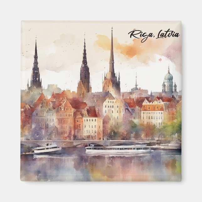 Colorful Riga Latvia Watercolor City View Magnet (Front)