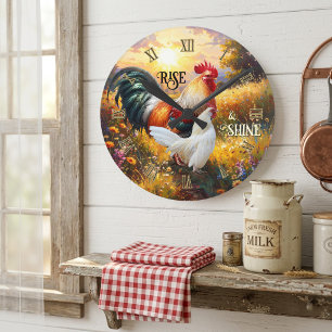 Colorful Rise and Shine Rooster Round Clock