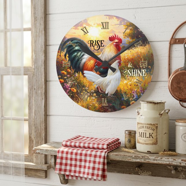Colorful Rise and Shine Rooster Round Clock (Rise and shine wall clock featuring a colorful painting of two roosters at sunrise)