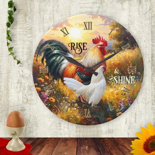Colorful Rise and Shine Rooster Round Clock