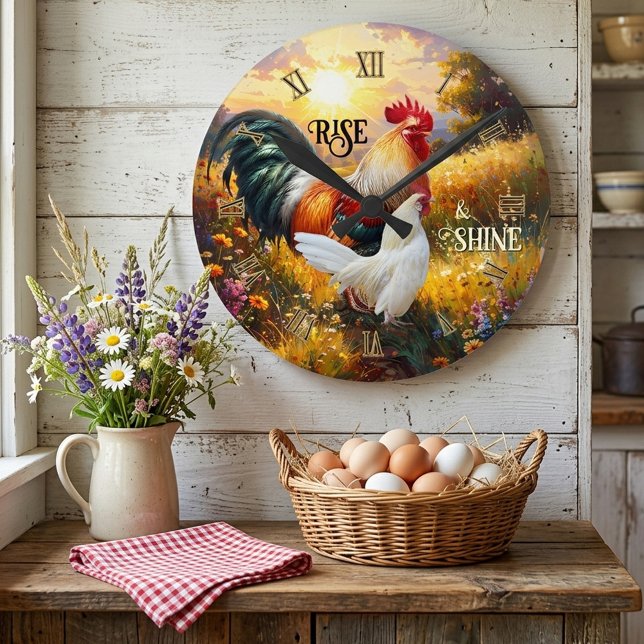 Colorful Rise and Shine Rooster Round Clock (Rise and shine wall clock featuring a colorful painting of two roosters at sunrise)