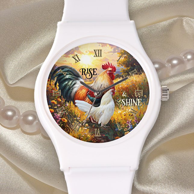 Colorful Rise and Shine Rooster Watch (Rise and shine watch featuring a colorful painting of two roosters at sunrise)