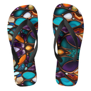 Colorful River Rock Pebbles in Stained Glass Look Flip Flops