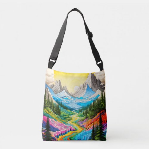 Colorful River Valley Illustration Crossbody Bag