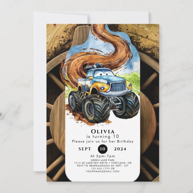 Colorful Road Wheels Monster Truck Birthday Invitation (Front)
