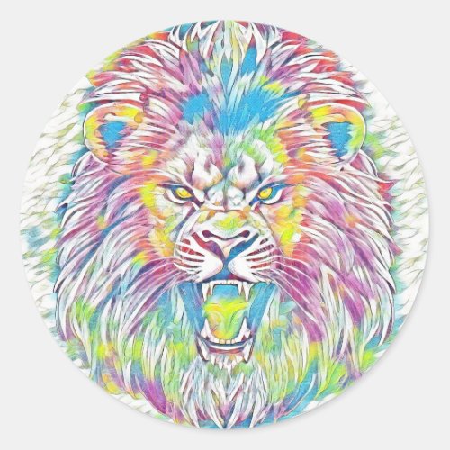 Colorful Roaring Lion Pastel Rainbow Classic Round Sticker