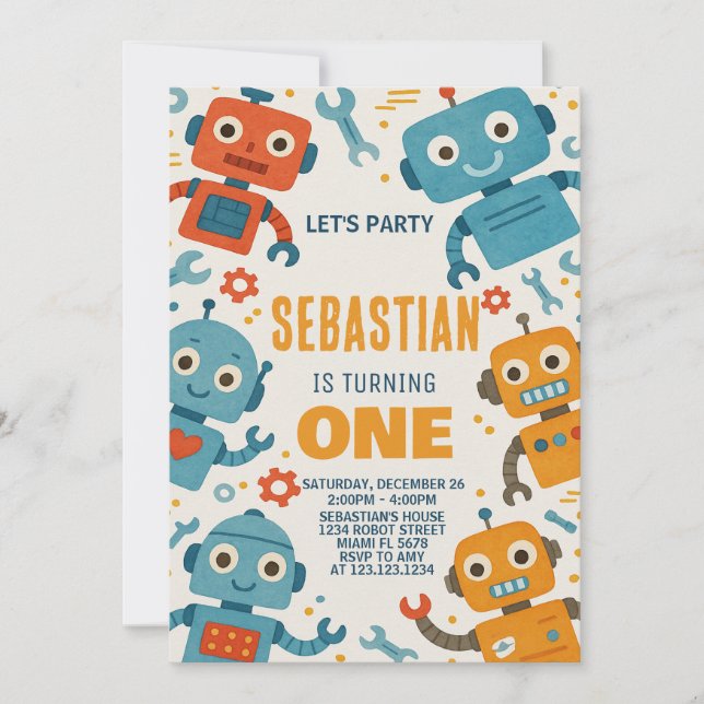 Colorful Robot Birthday Invitation for Kids (Front)
