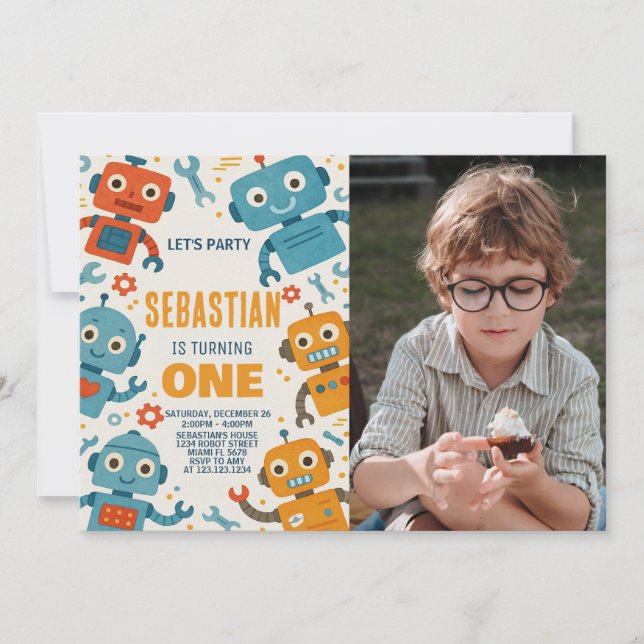 Colorful Robot Birthday Invitation for Kids (Front)