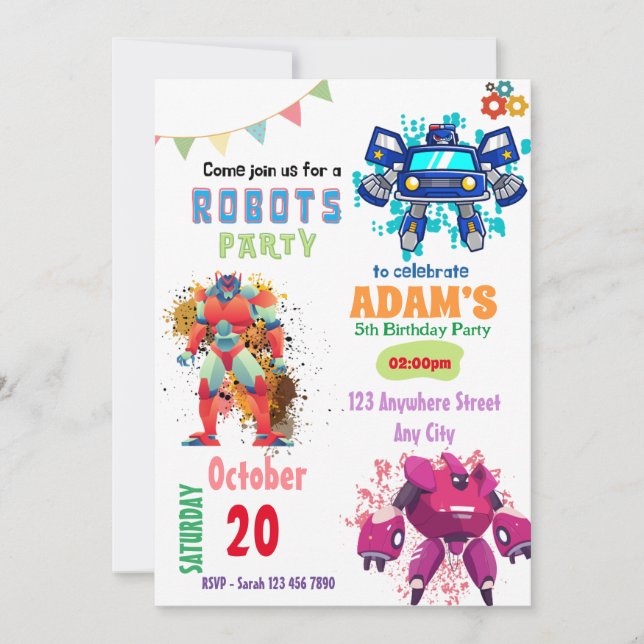 Colorful Robot birthday invitations (Front)